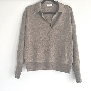 R Label Wool Cashmere Collared V-neck Long Sleeve Polo - Beige Brown Size Small